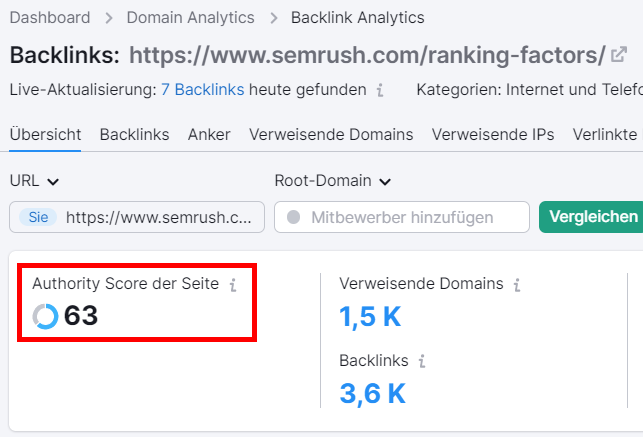 Screenshot: Seite mit hohem Authority Score in Backlink-Analytics