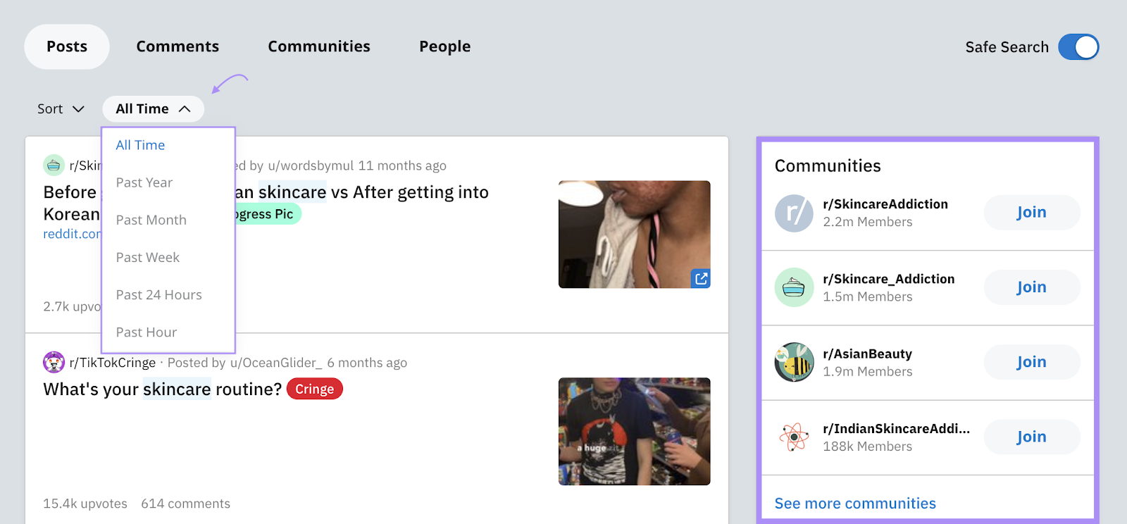 “Time” filter and "Communities" tab highlighted on Reddit