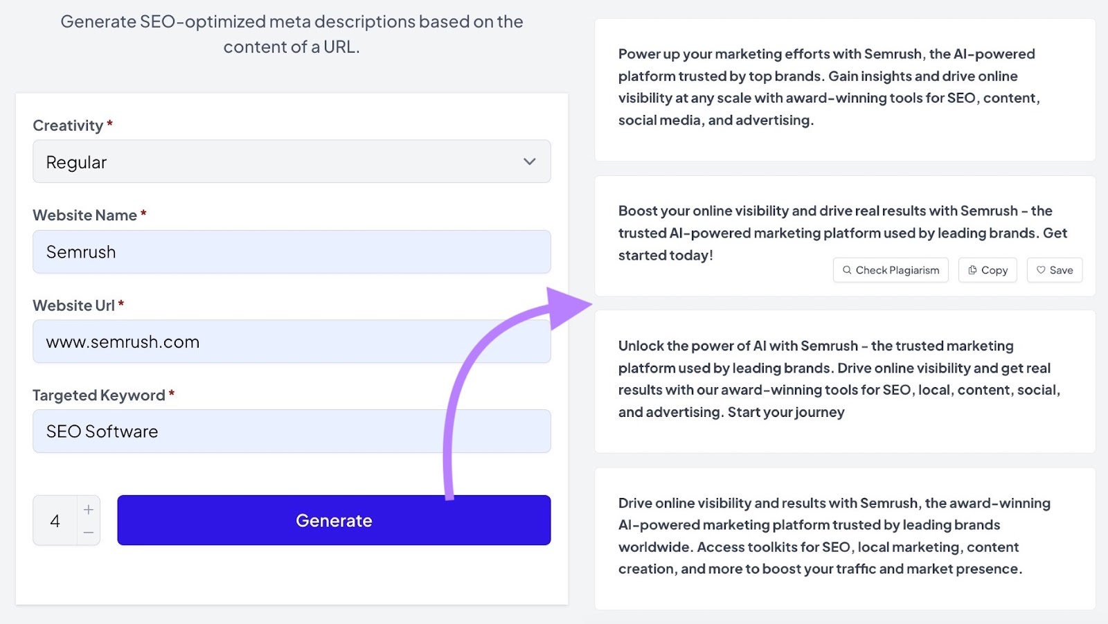 AI Writing Assistant with meta descriptions generated based on a website URL, name, and a target keyword.