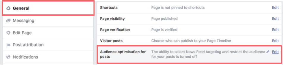 Facebook audience optimisation for posts option