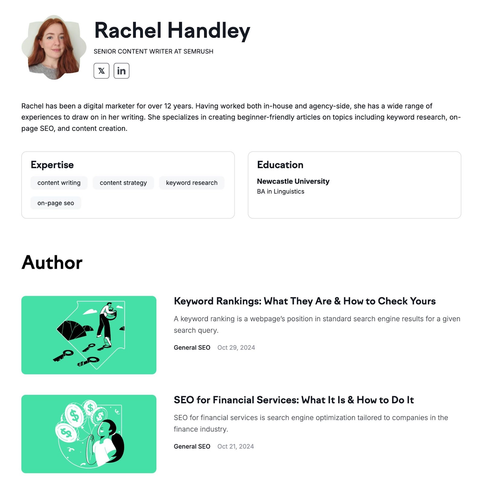 Author page connected Semrush showing nan writer's expertise, education, and antecedently published content.