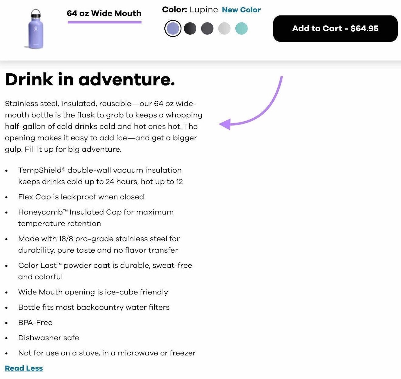 A product description for "64 oz Wide Mouth" water bottle