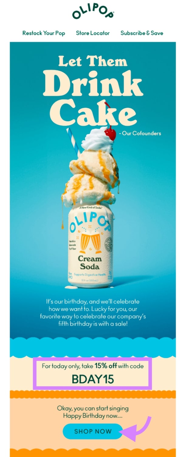 OLIPOP's email offering 15% off for their birthday