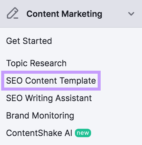 "SEO Content Template" highlighted successful  Semrush sidebar