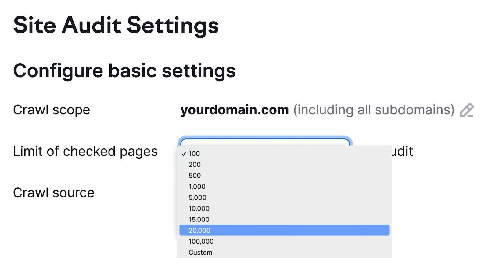 "20 000" selected under "Limit of checked pages" drop-down menu