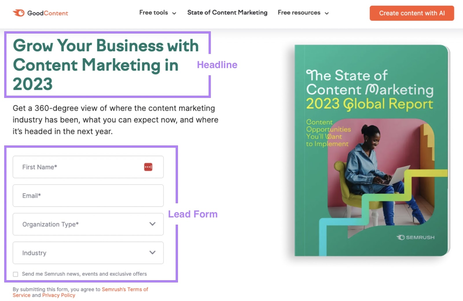 Semrush 'The State of Content Marketing 2023 Global Report' landing page with compelling headline and lead form