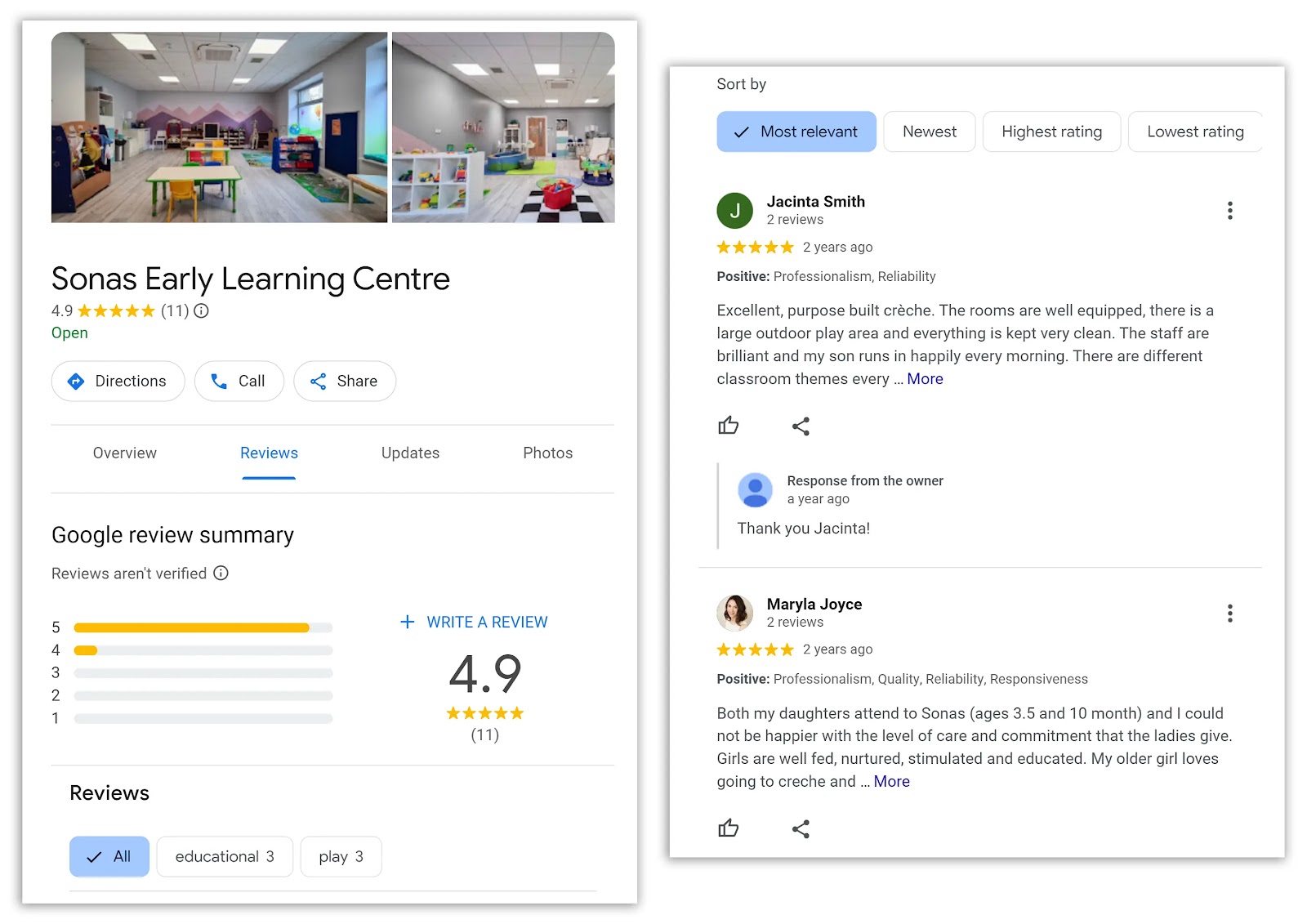 "Google review summary" section of the Sonas Early Learning Centre GBP listing
