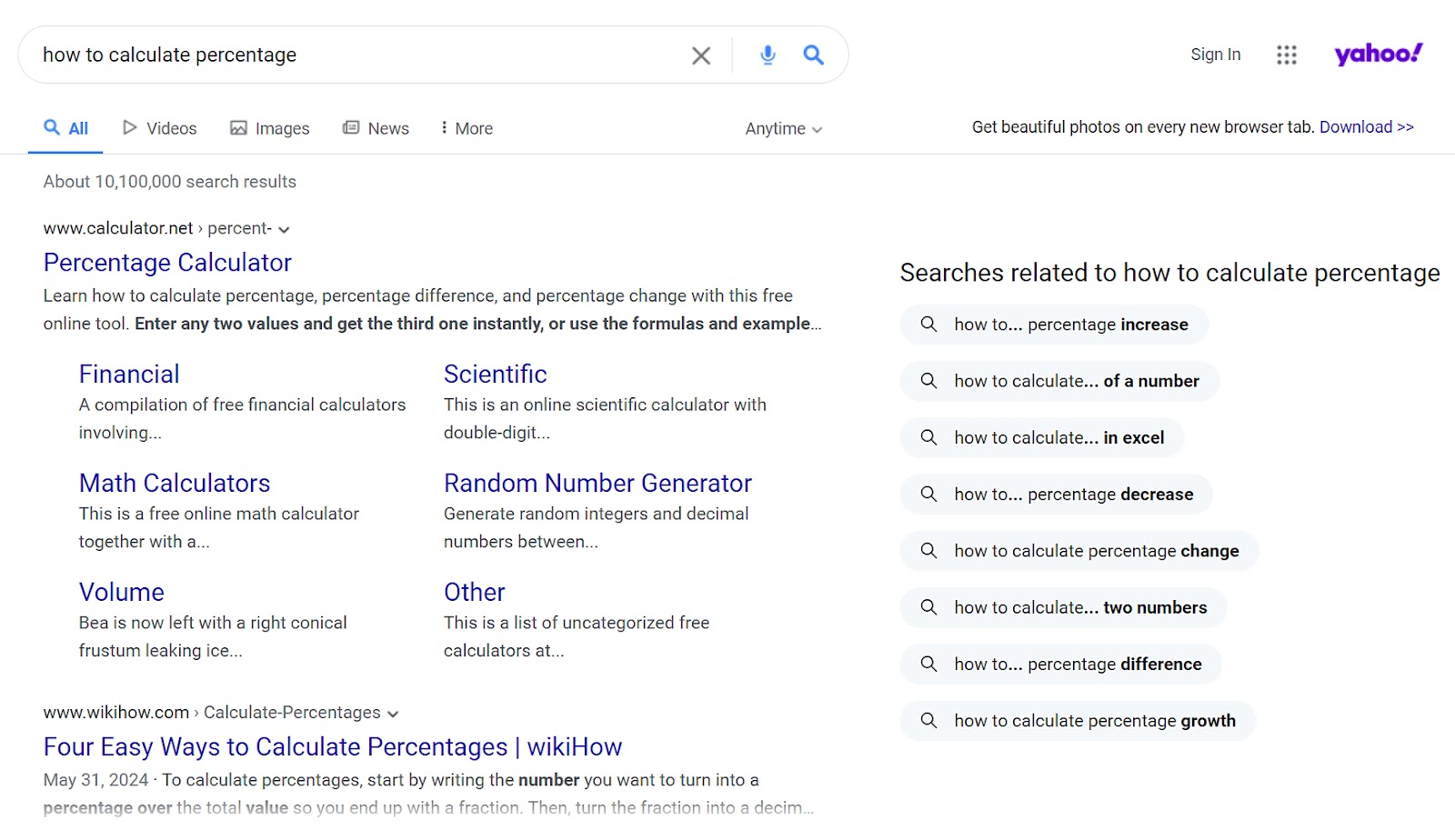 Yahoo SERP for "how to cipher  percentage"