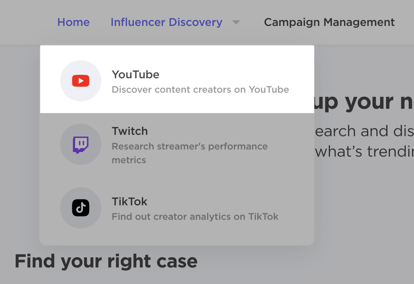 “YouTube" highlighted from the drop-down menu