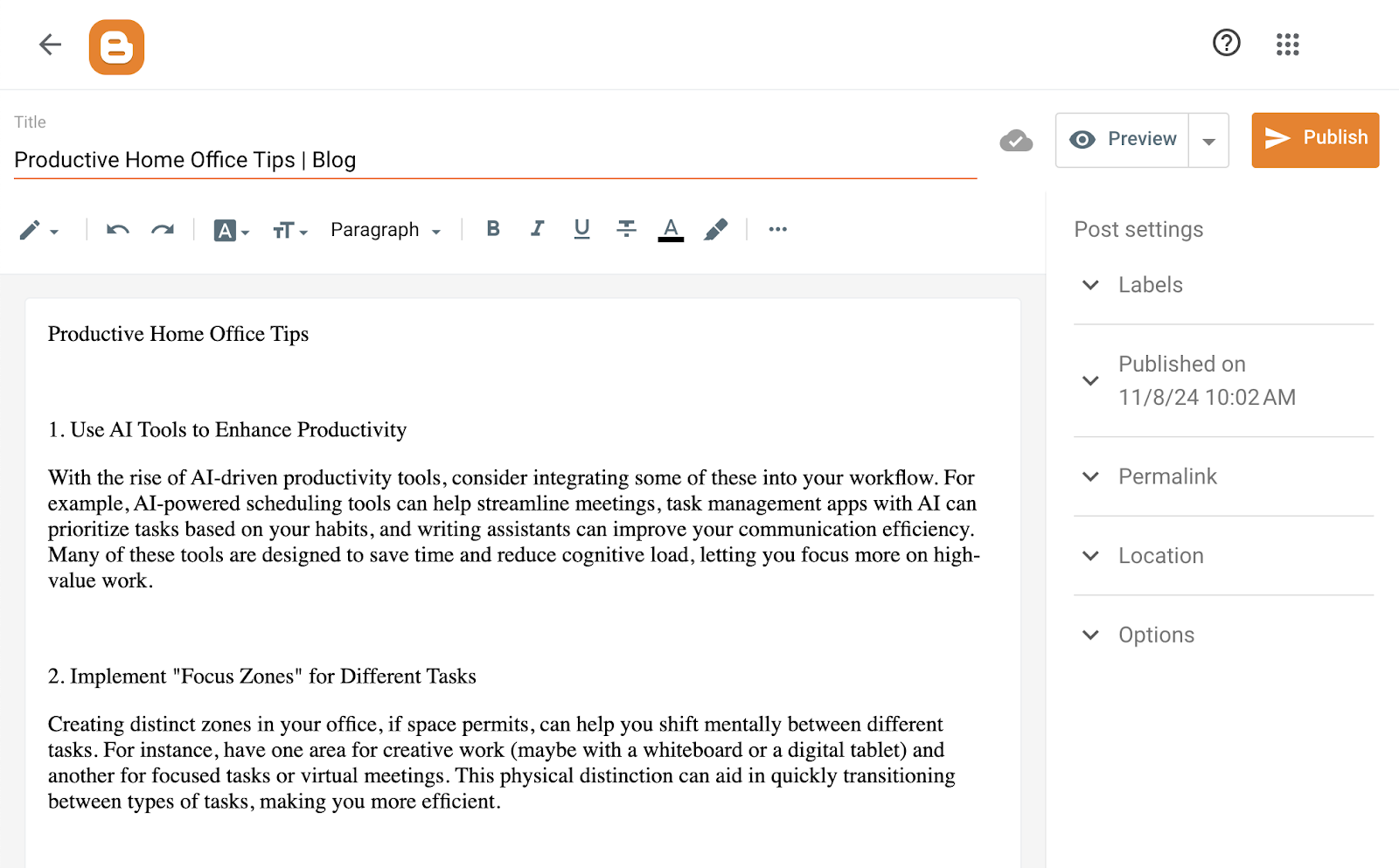 simple blog interface with an area of title and content