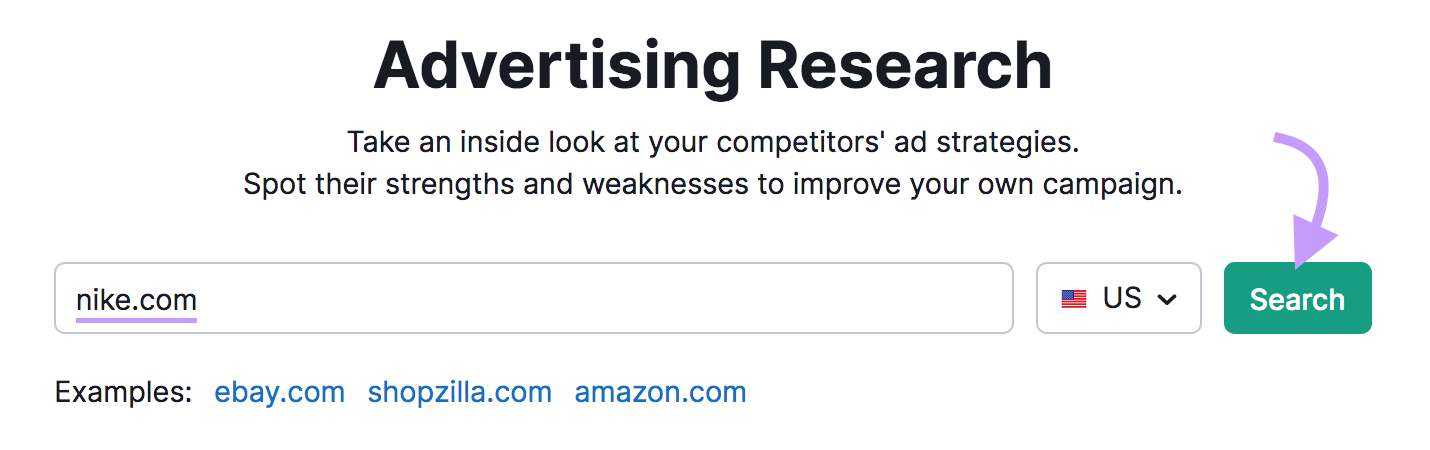 "nike.com" entered into the Advertising Research instrumentality   hunt  bar