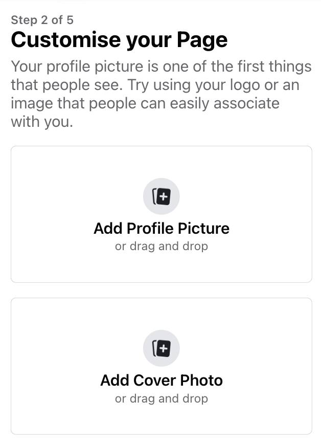 Add profile and cover image under "Customise your Page" window