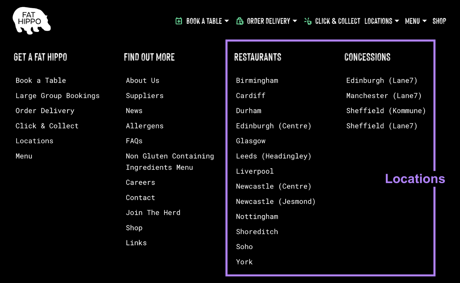 This edifice concatenation lists each edifice locations and concessions locations crossed aggregate towns.