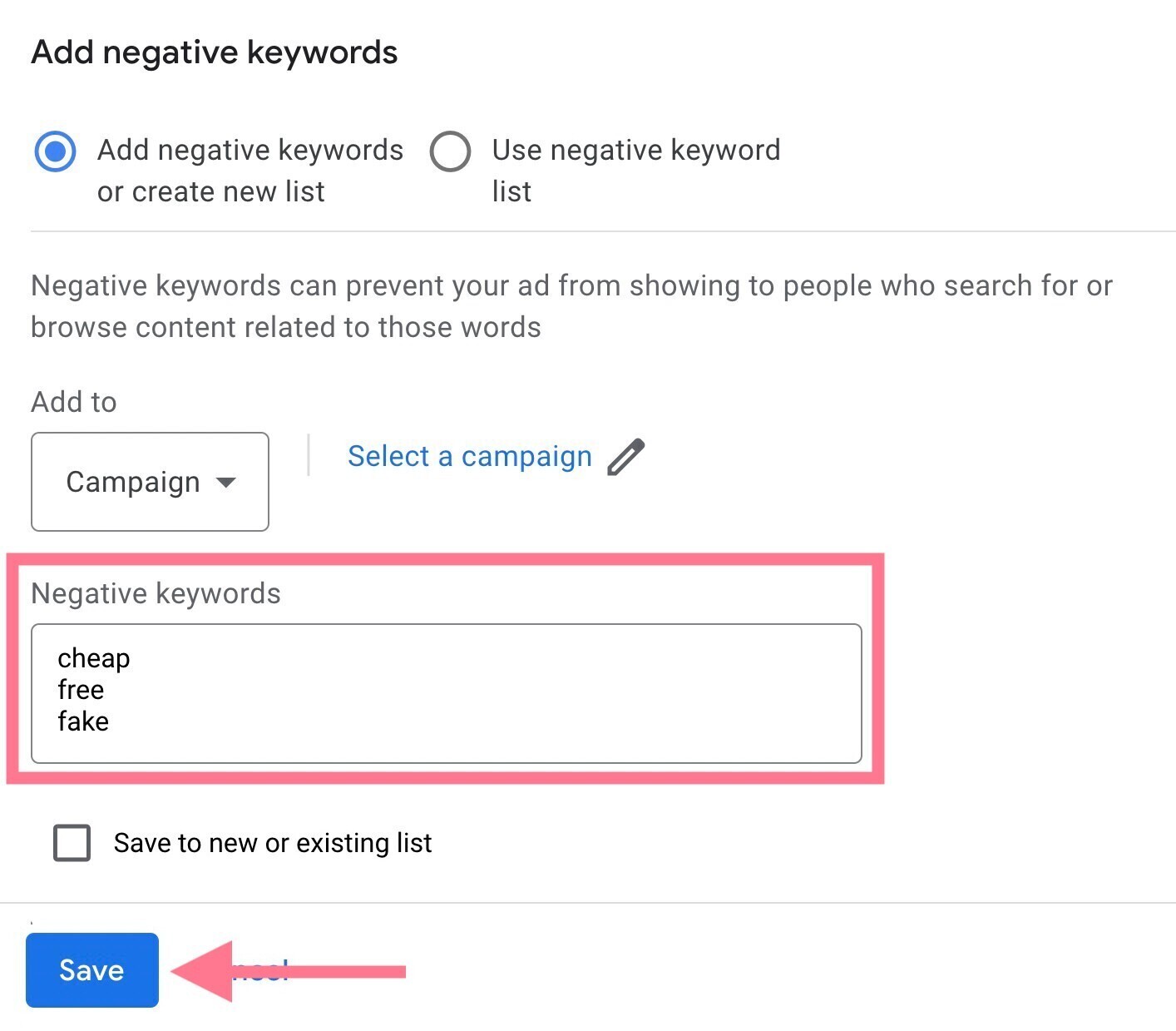 add negative keywords