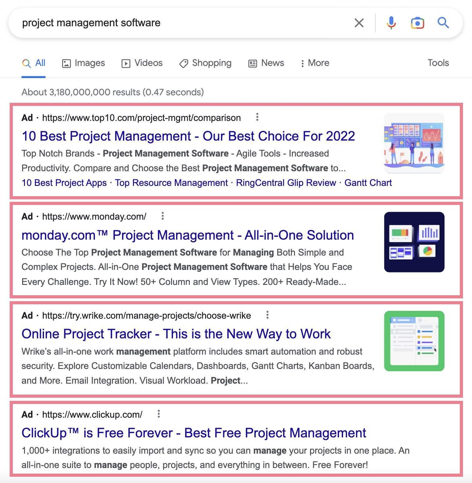 Google Ads search results for project management software