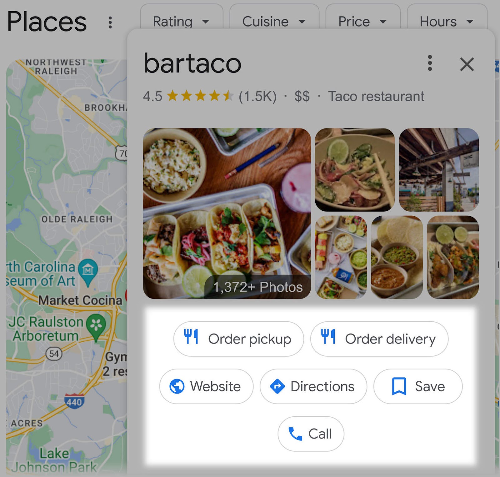 bartaco's calls to action on SERP