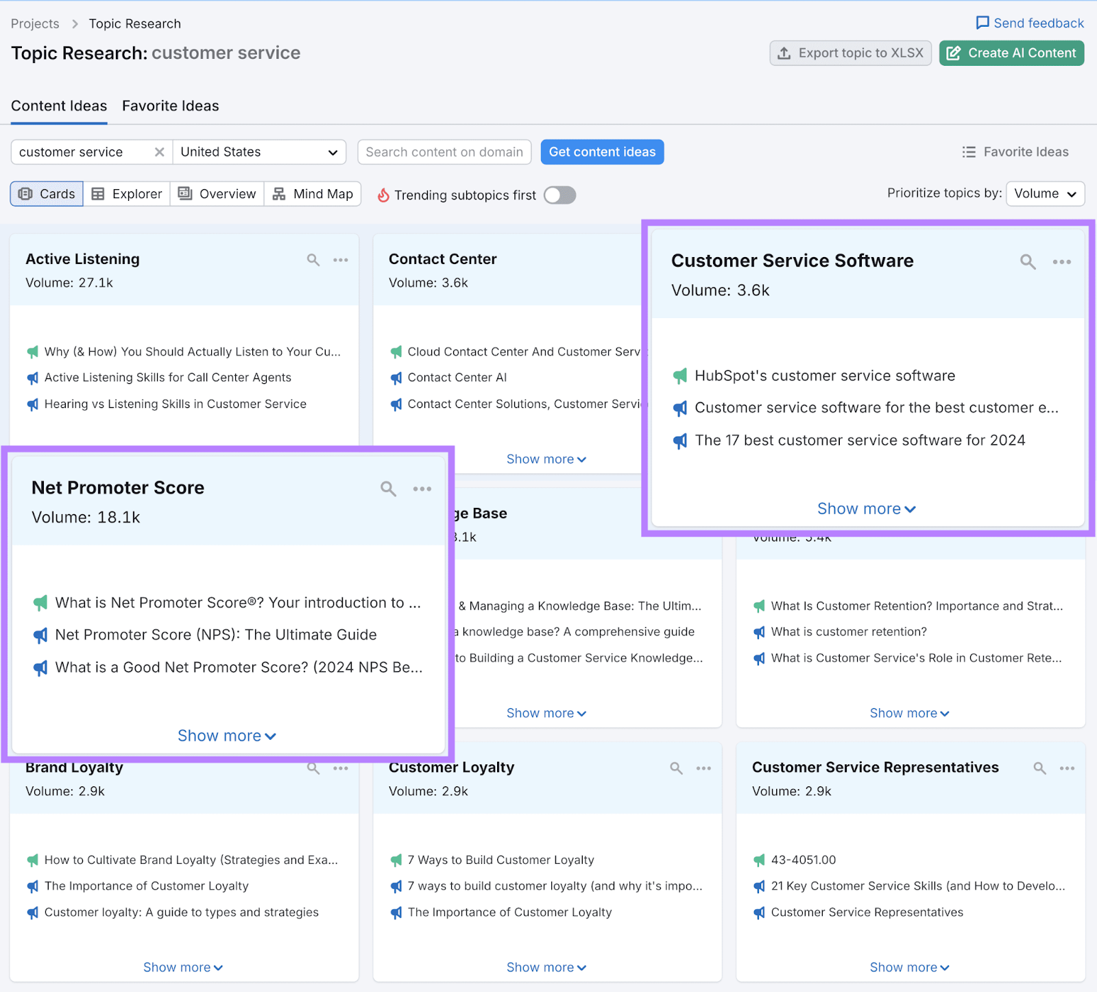 Semrush Topic Research-generated topic card with "Customer Service Software" and "Net Promoter Score" highlighted