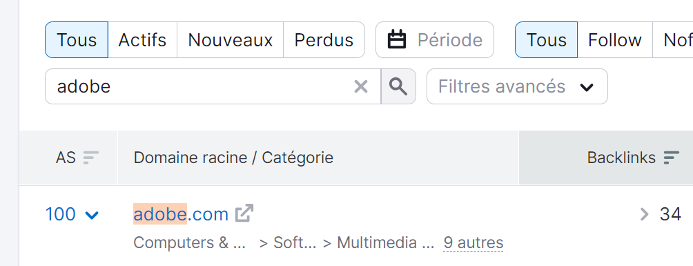 Authority Score maximum pour Adobe selon Analyse de backlinks de Semrush