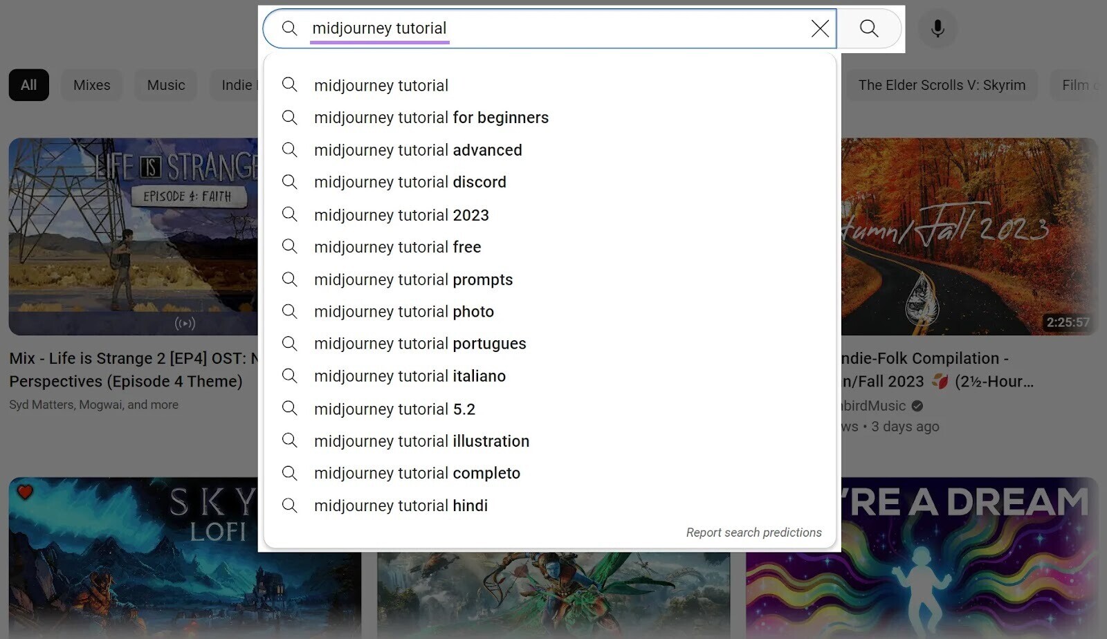 "midjourney tutorial" entered in YouTube’s search bar