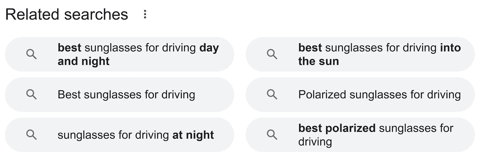 "Related searches" section on Google SERP for “sunglasses for driving”