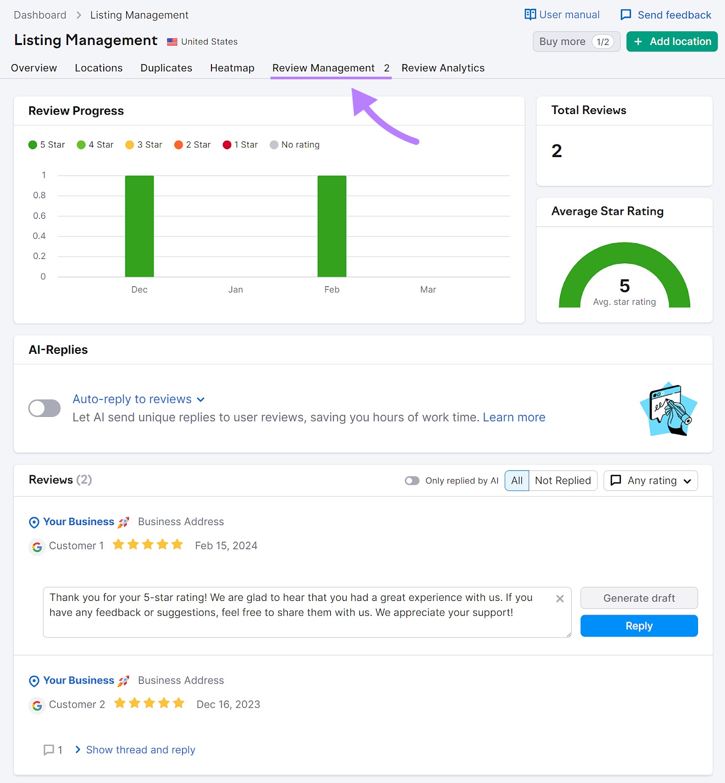 Semrush's Review Management instrumentality   dashboard