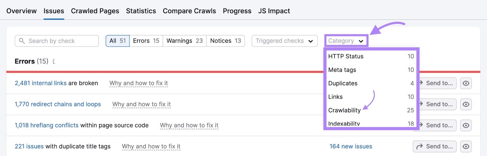 Site Audit Issues page with the "Category" dropdown opened and "Crawlability" selected.