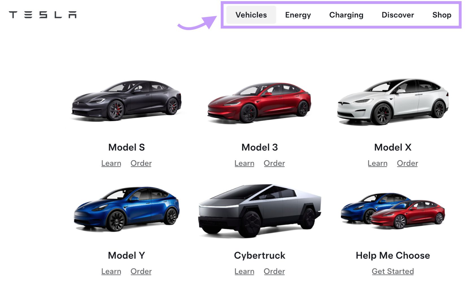 Tesla website showing 7 Tesla models and a navigation paper   with options similar  vehicles, energy, observe   and shop.