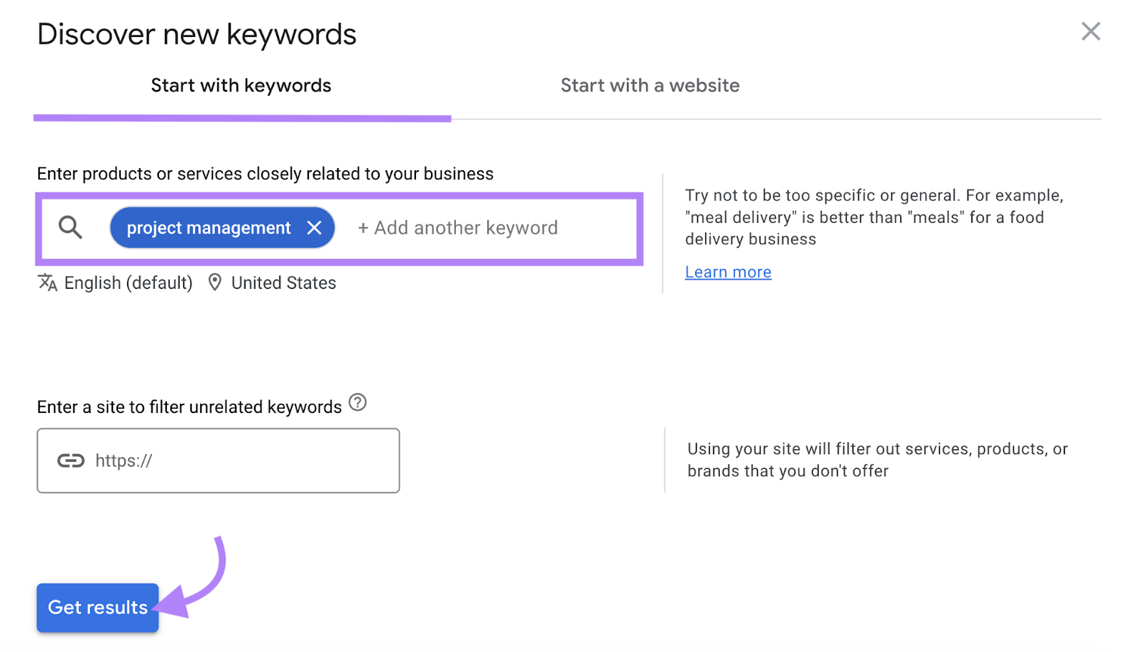 "project management" entered under the "Discover new keywords" window