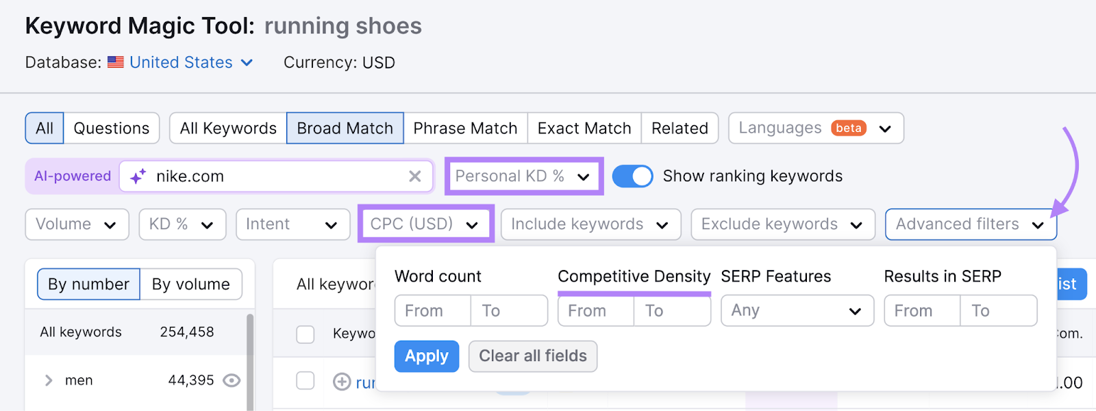 Filters for idiosyncratic   keyword difficulty, CPC, and competitory  density highlighted