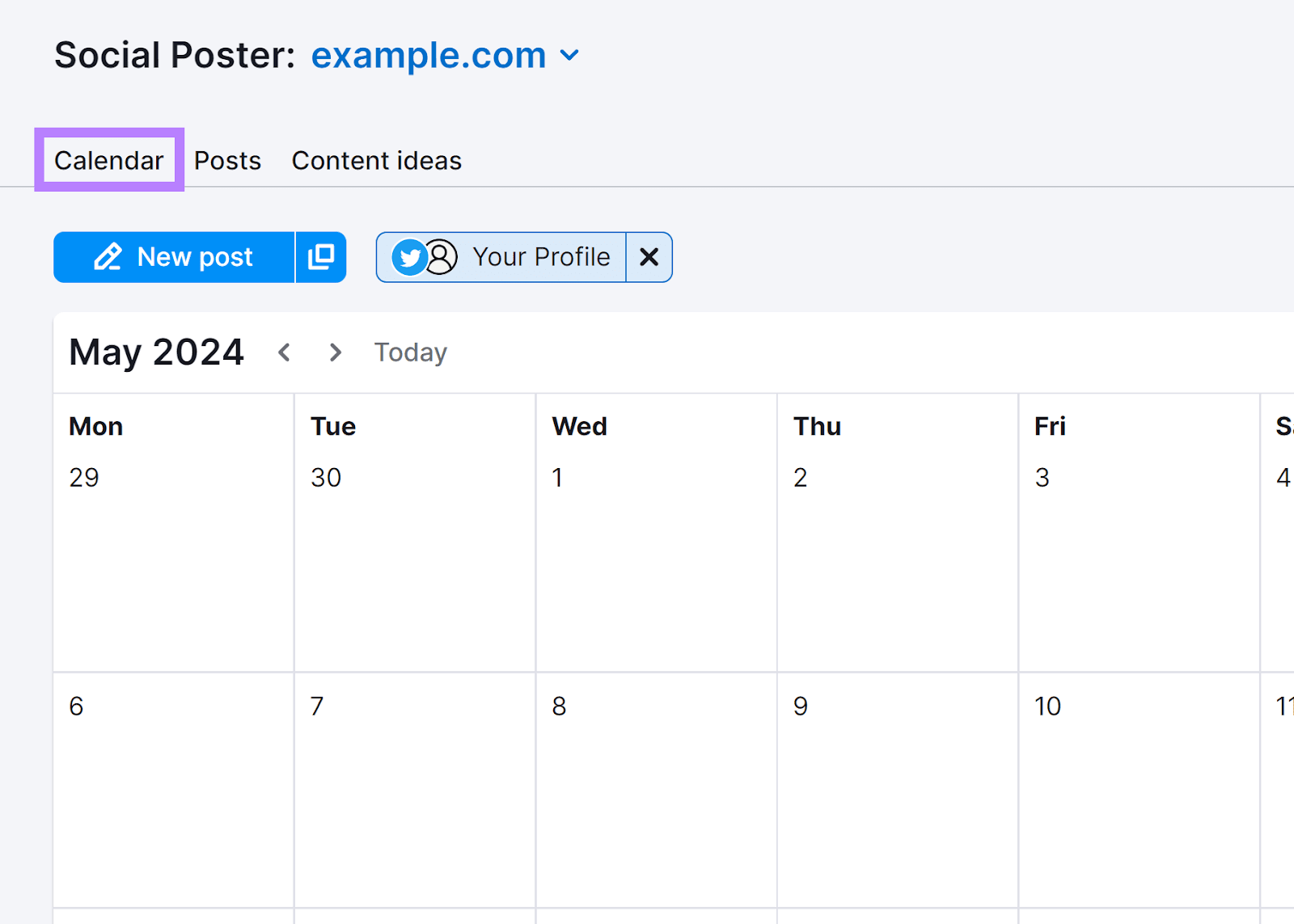 Semrush Social Poster with Calendar tab selected and highlighted.