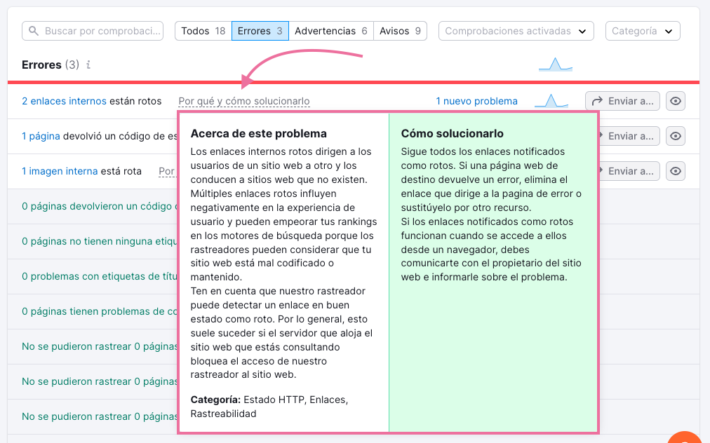 Haz clic en el enlace "Por qué y cómo solucionarlo" junto a cada problema para entender el problema y cómo solucionarlo.