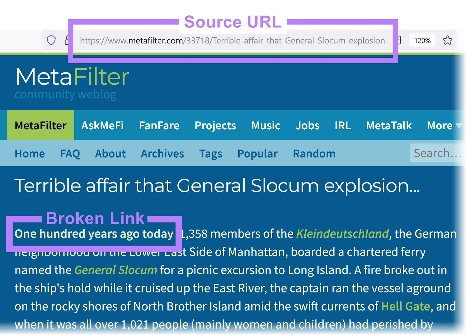 broken link highlighted in opened source URL