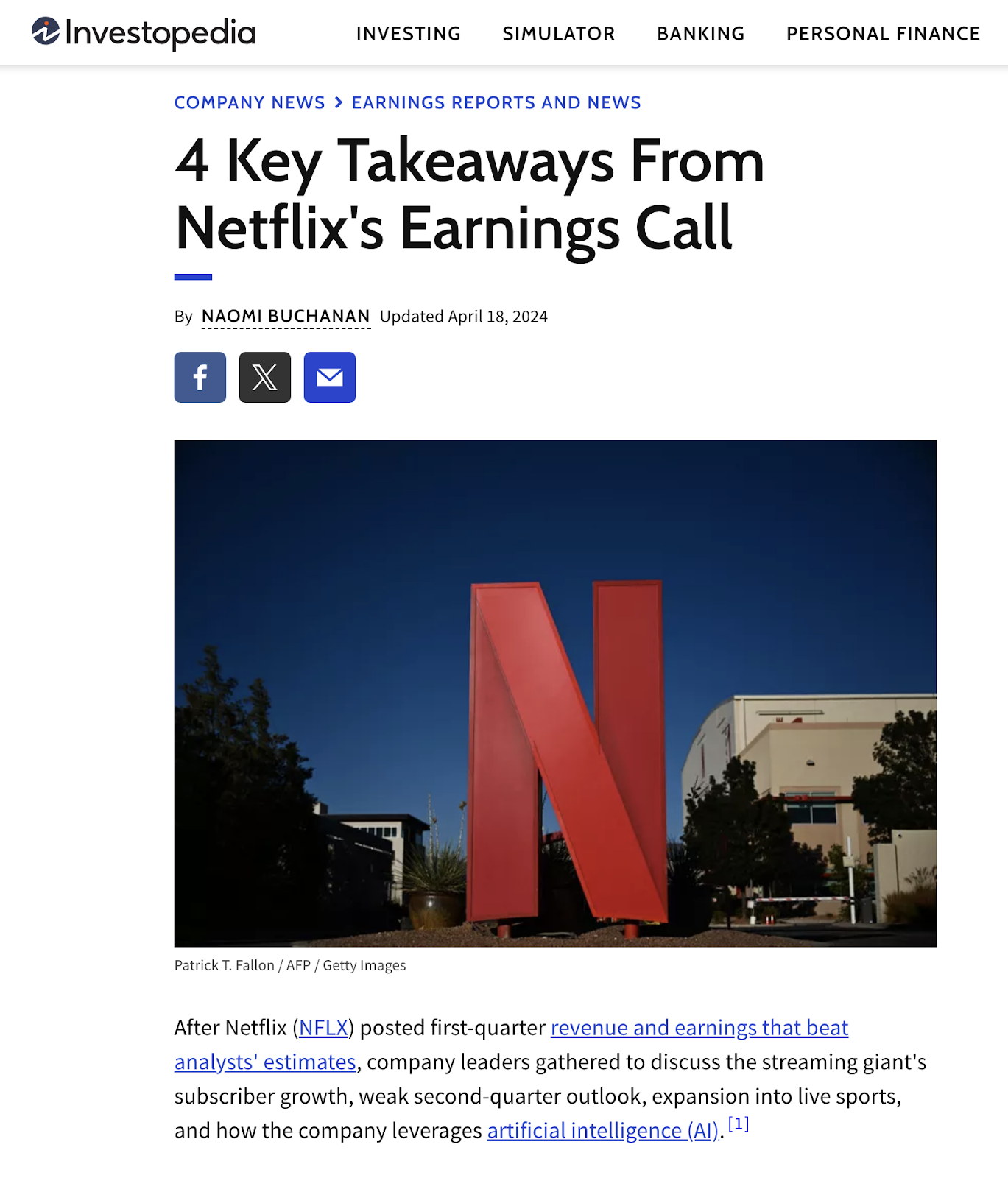 Section of Investopedia article titled "4 Key Takeaways From Netflix's Earnings Call" with an image of a large Netflix logo