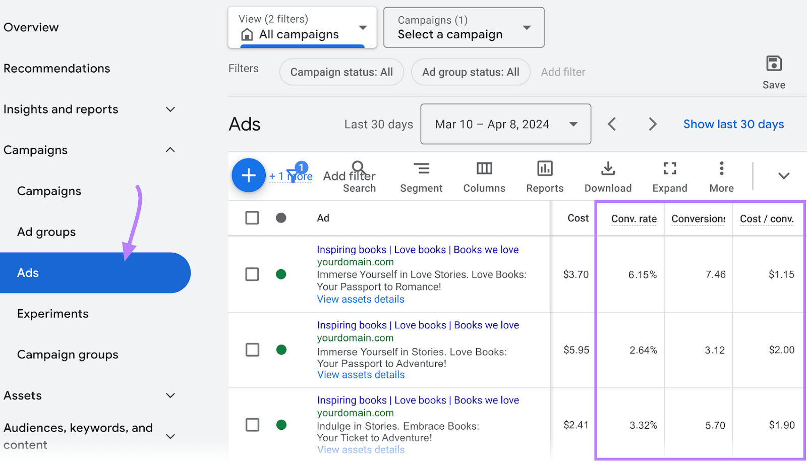 “Ads” tab in Google Ads