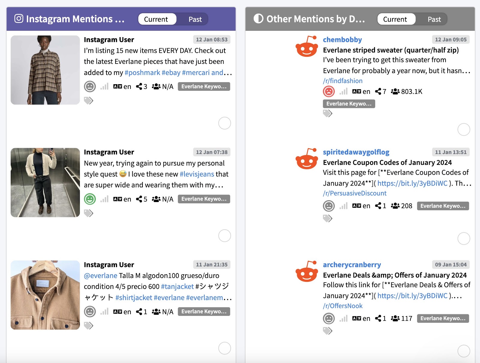Mentionlytics's interface showing Instagram mentions on the left-hand side, and other mentions on the right-hand side