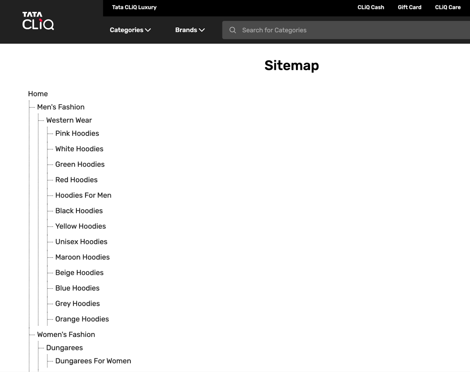 an example of an HTML sitemap from Tata Cliq’s website