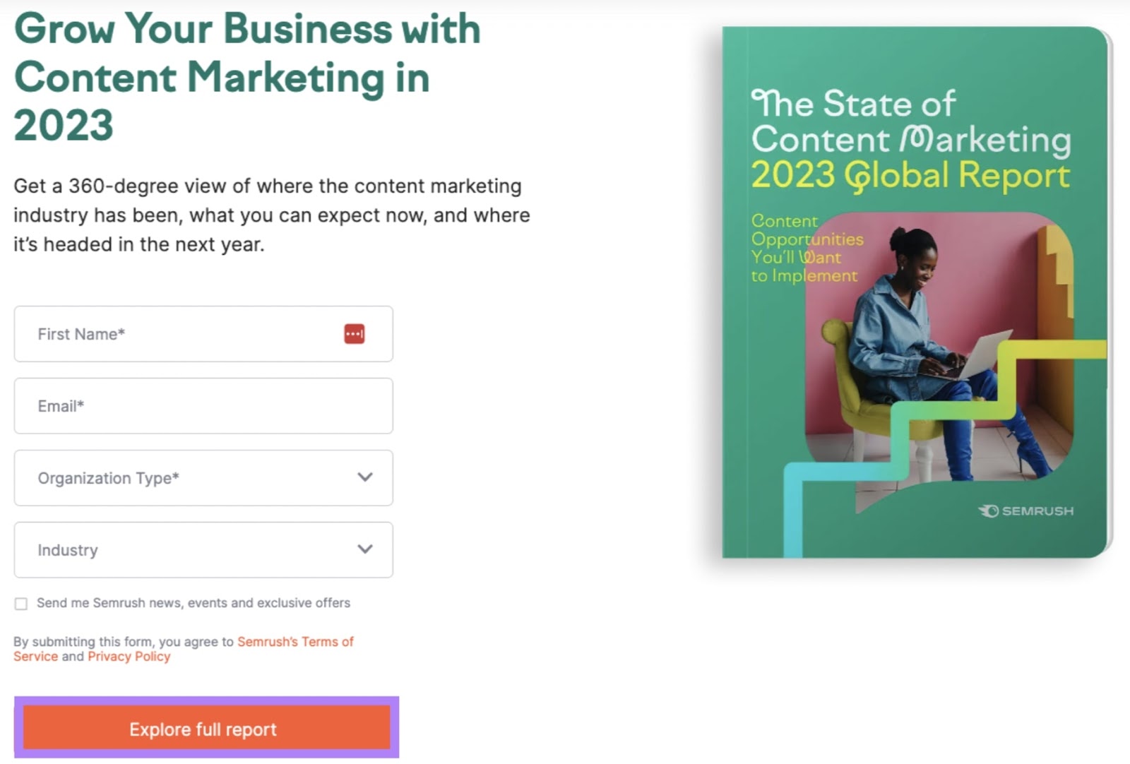 Page de destination du formulaire Semrush avec CTA en surbrillance