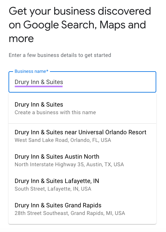 "Drury Inn & Suites" entered under Business name