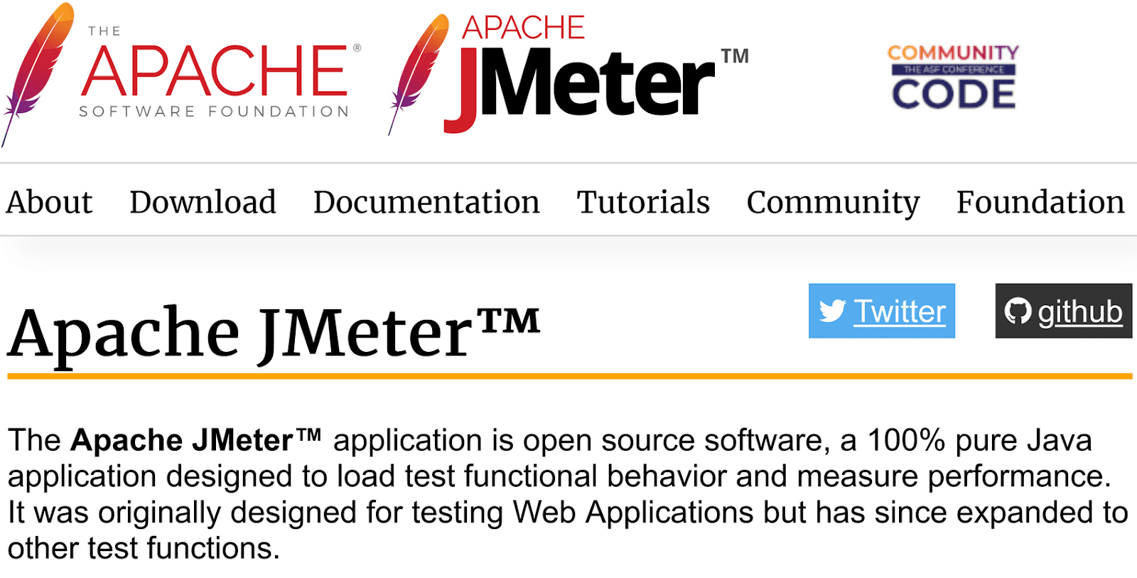 Apache JMeter homepage with a description of the software as an open-source tool for load testing and measuring performance.