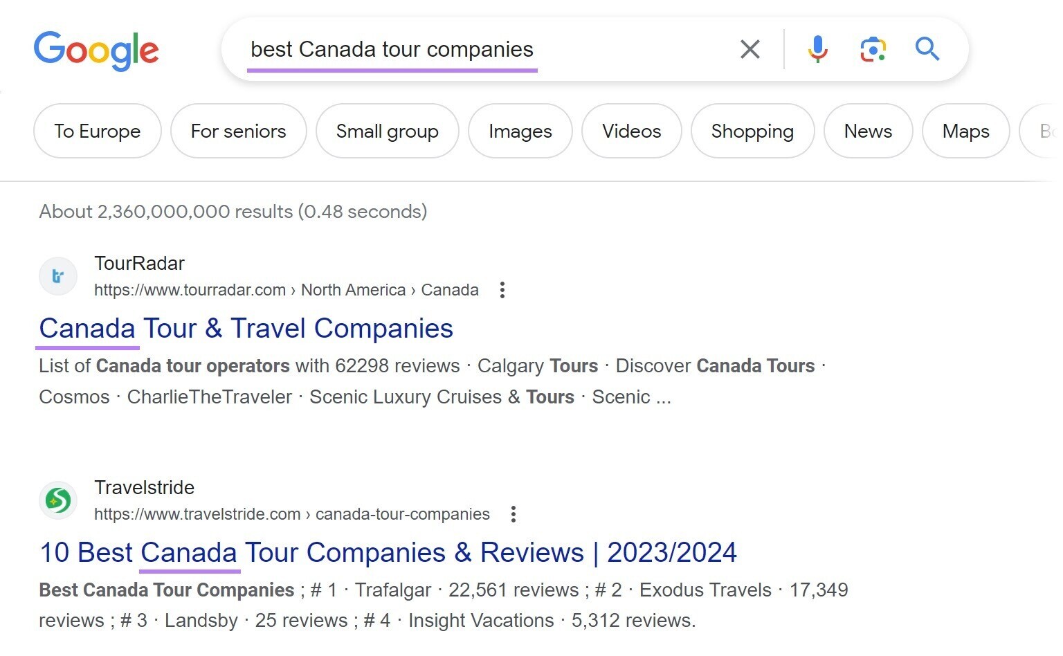 "best Canada tour companies" query in Google