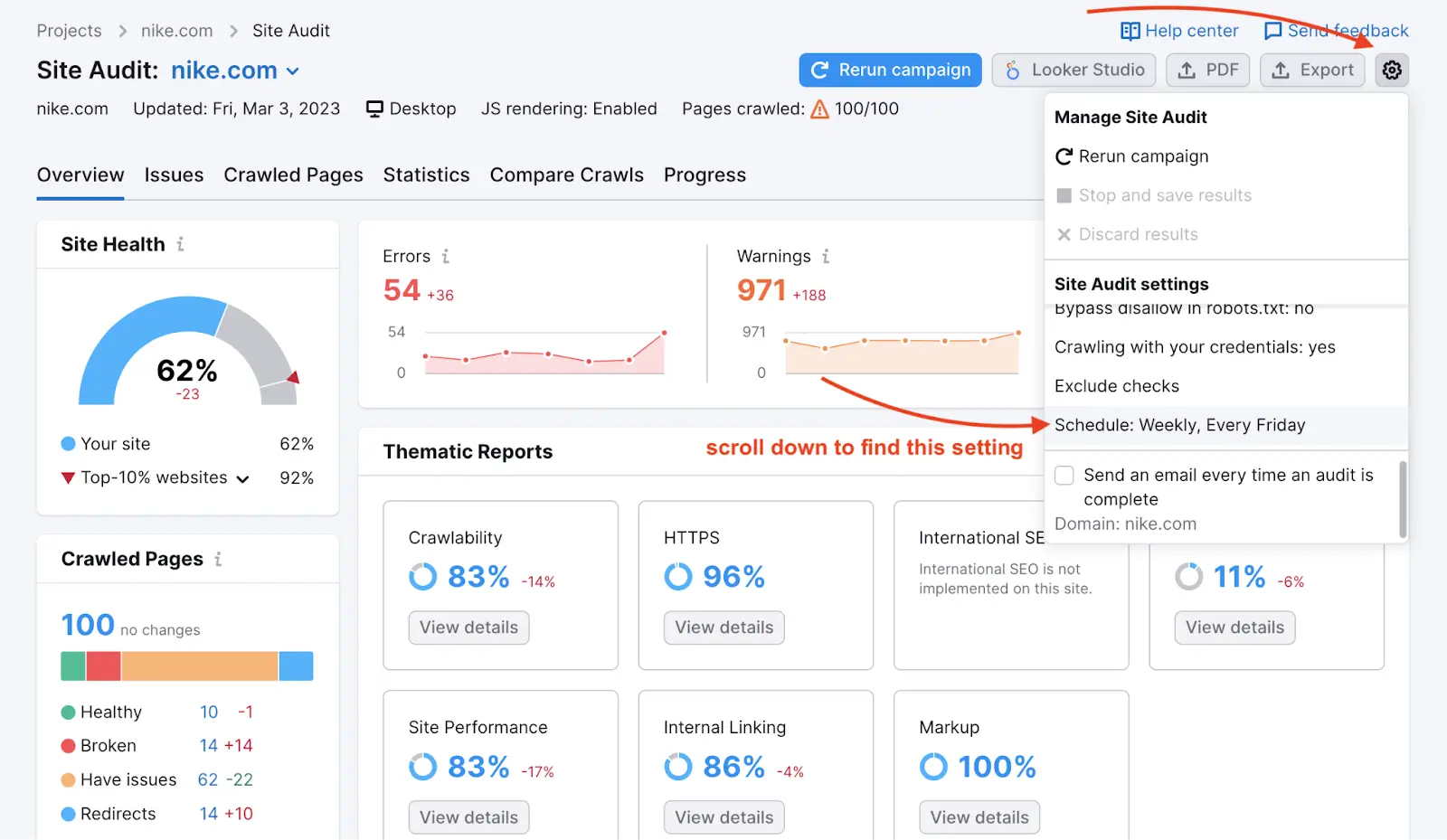 Site Audit overview dashboard