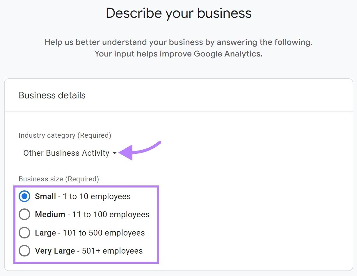 "Describe your business" page in Google Analytics