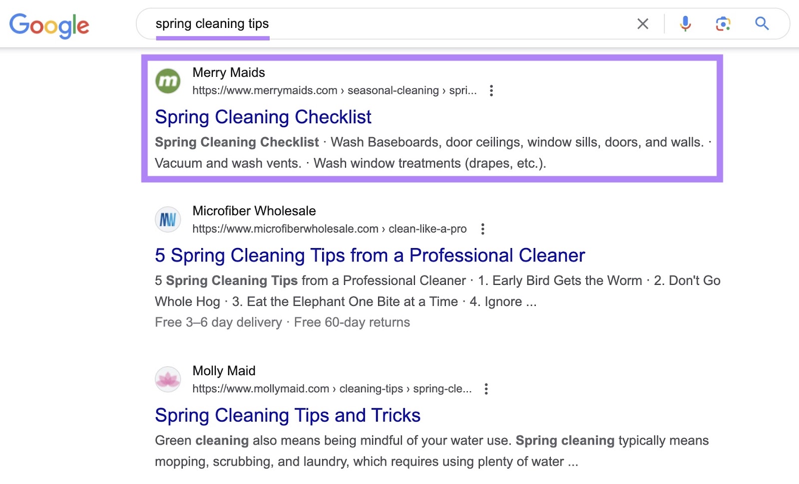 Google SERP for the term “spring cleaning tips” with a blog article on the Merry Maids website highlighted.