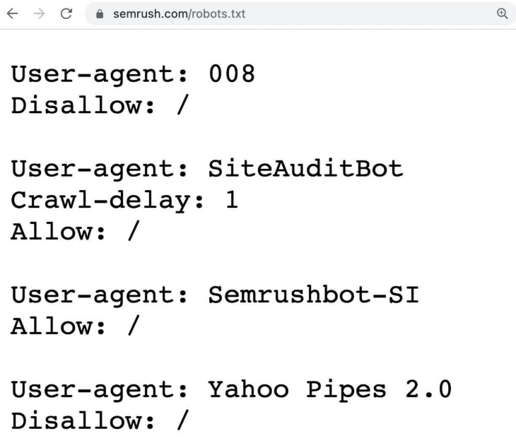 Example of a robots.txt file showing pages or sections of a site that should and shouldn’t be crawled.