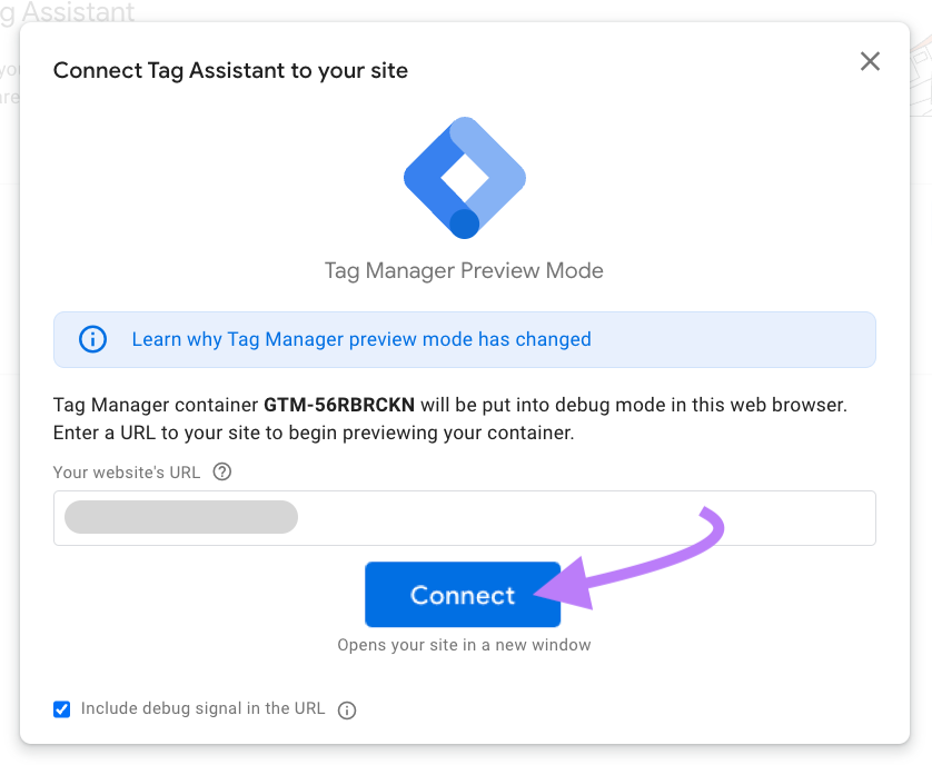 "Connect Tag Assistant to your site" window