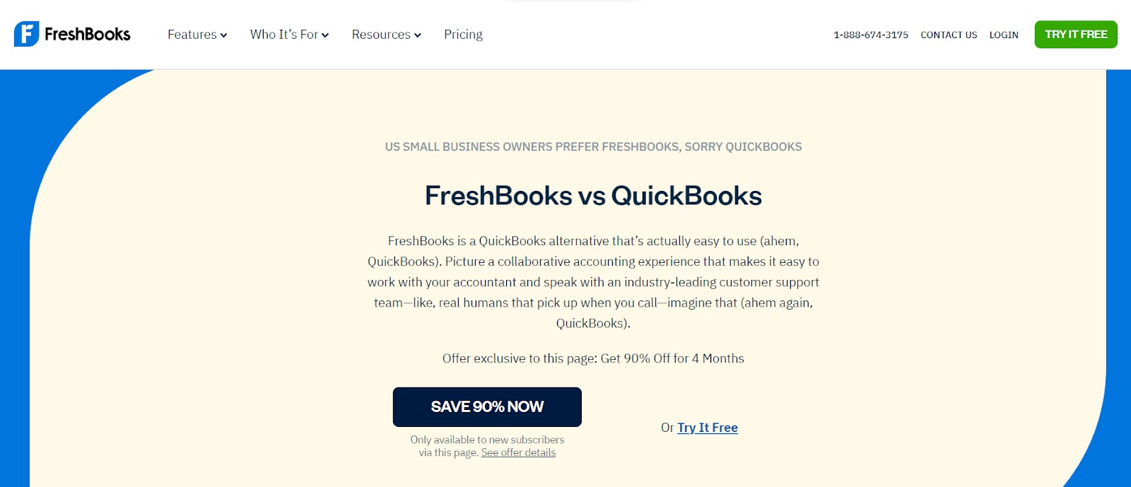 "FreshBooks vs. QuickBooks" comparison on FreshBooks's page