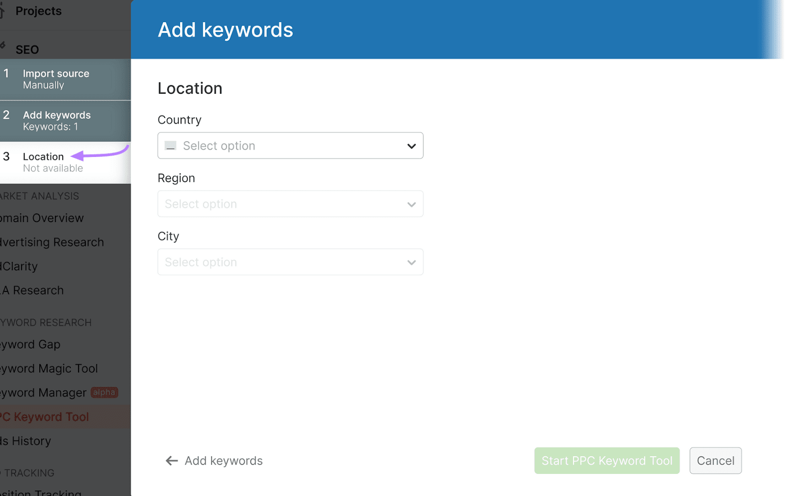 PPC Keyword Tool interface with a navigation bar on the left and the "Location" tab selected and highlighted.