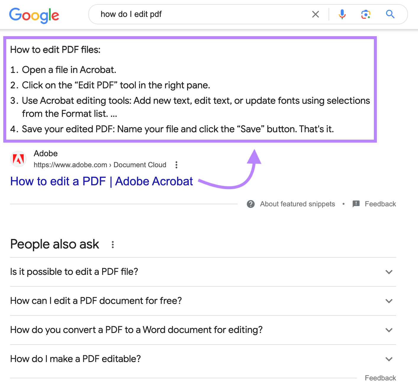 an example of featured snippet from Adobe in Google SERP for "،w do i edit pdf"