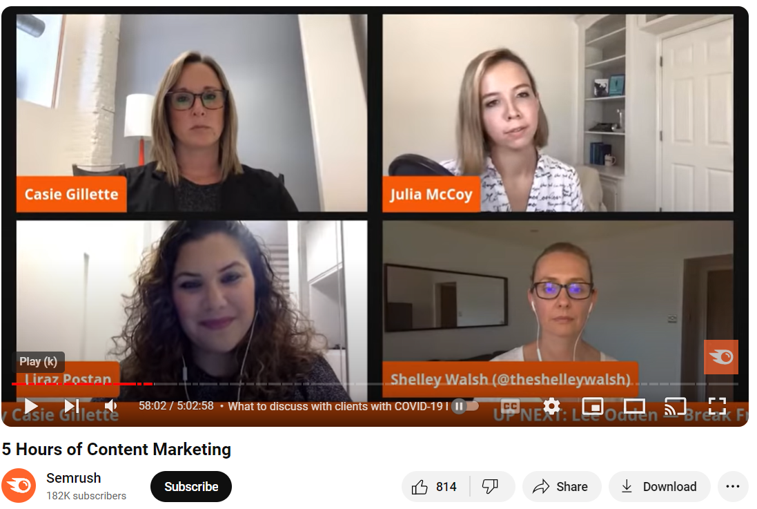 Semrush video on content marketing showing guests in split screen view.
