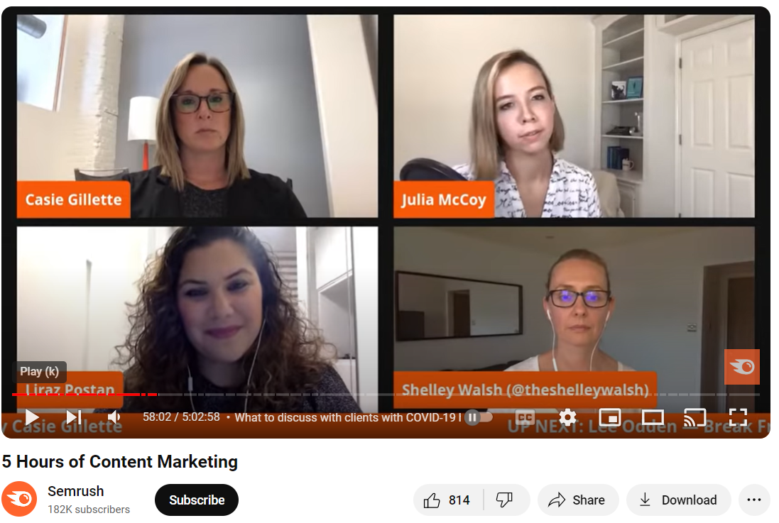 Semrush video connected  contented  selling  showing guests successful  divided  surface  view.